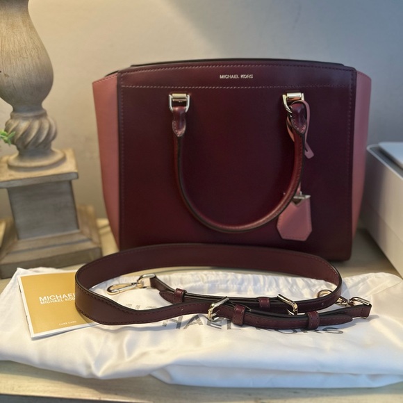 Michael Kors Benning Two-Tone Maroon and Pink Satchel Crossbody Bag NWOT - Picture 3 of 12
